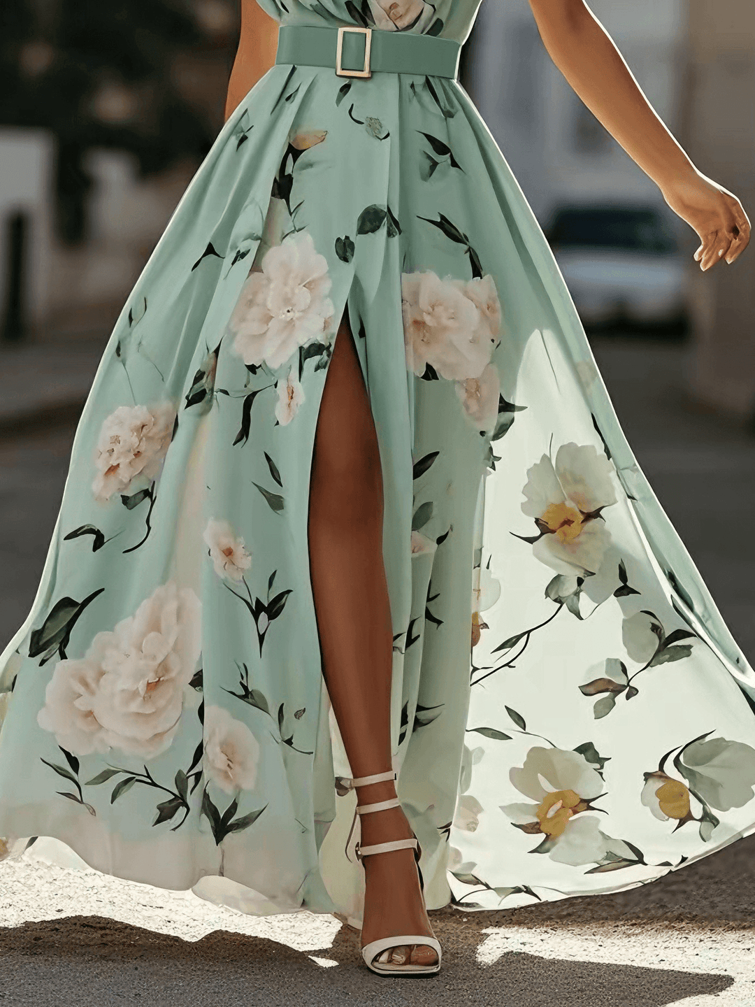 Julie | hellgrünes Blumenmuster-Chiffon-Maxikleid mit Ein-Schulter-Design