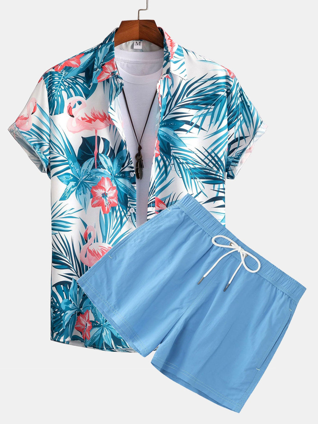 Flamingo Tropischer Print Hemden mit Knöpfen & kurze Schwimmshorts