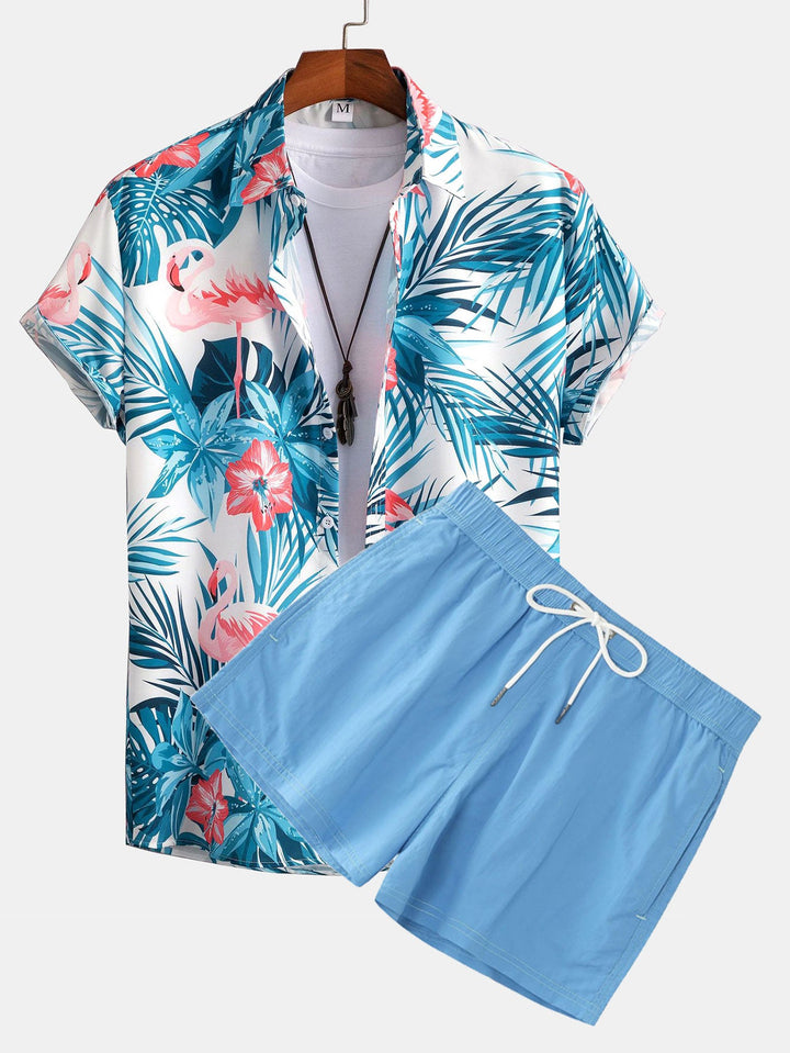 Flamingo Tropischer Print Hemden mit Knöpfen & kurze Schwimmshorts