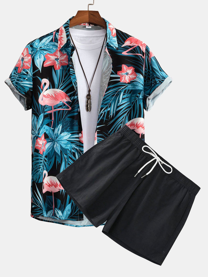 Flamingo Tropischer Print Hemden mit Knöpfen & kurze Schwimmshorts