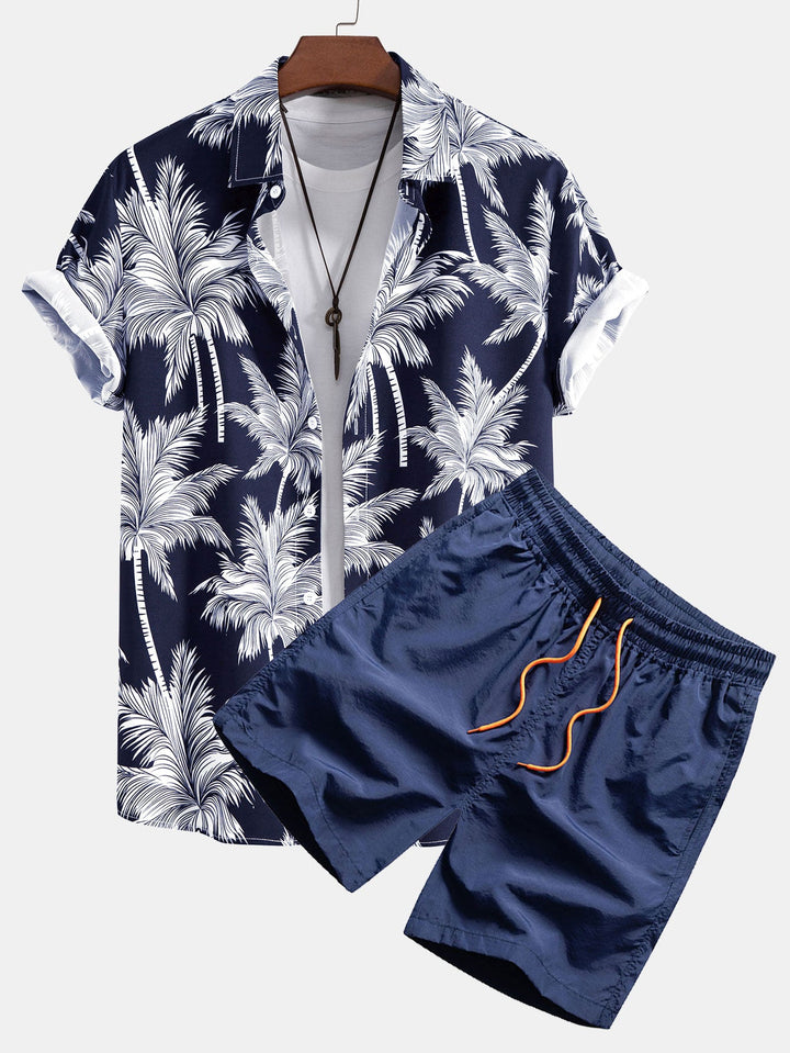 Palm Tree Print Hemd mit Knöpfen & Badeshorts