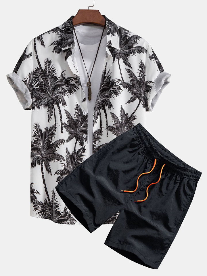 Palm Tree Print Hemd mit Knöpfen & Badeshorts