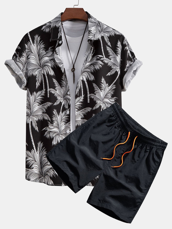 Palm Tree Print Hemd mit Knöpfen & Badeshorts