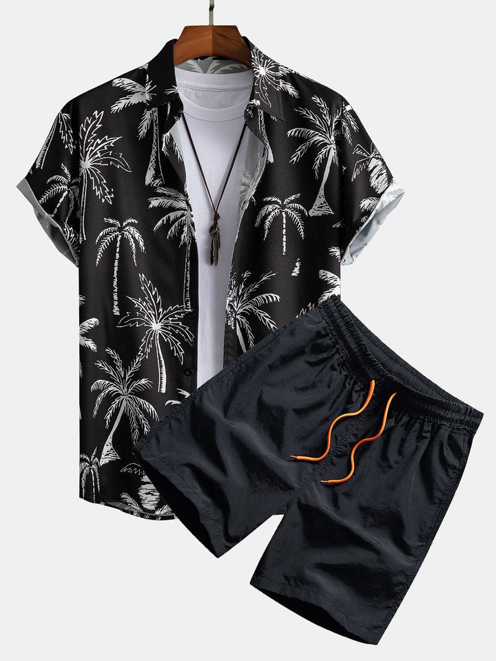 Palm Tree Print Hemd mit Knöpfen & Badeshorts