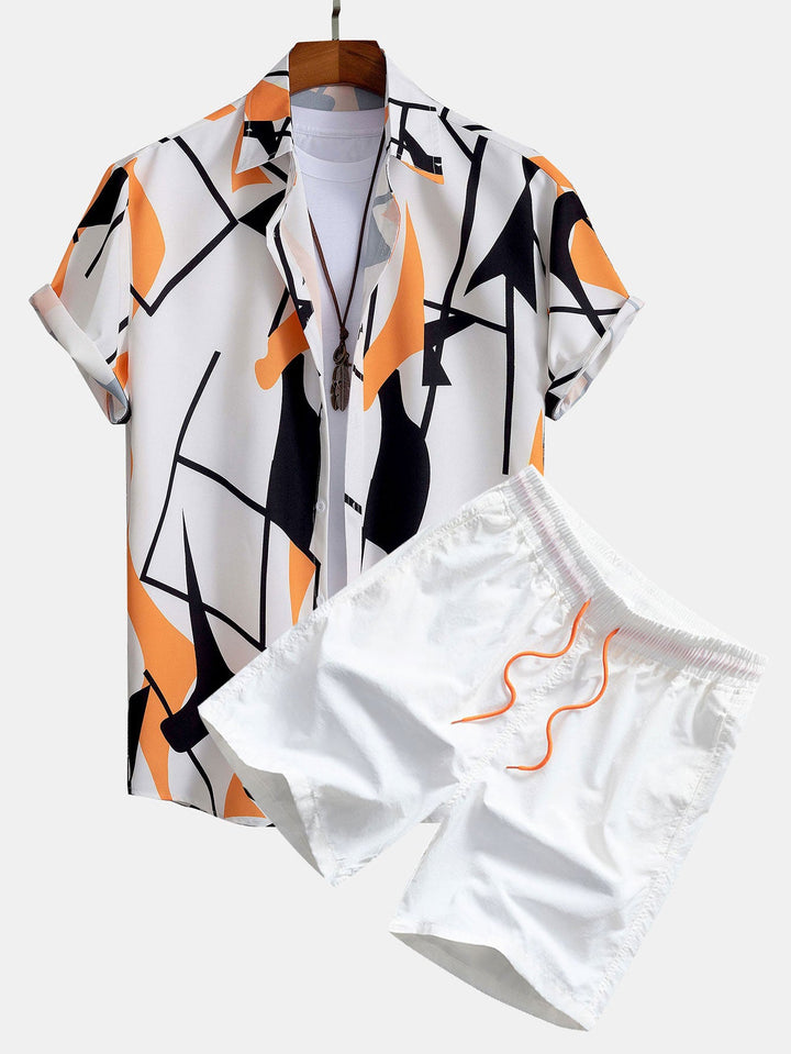Color Block Abstraktes Print Hemd mit Knöpfen & Badeshorts