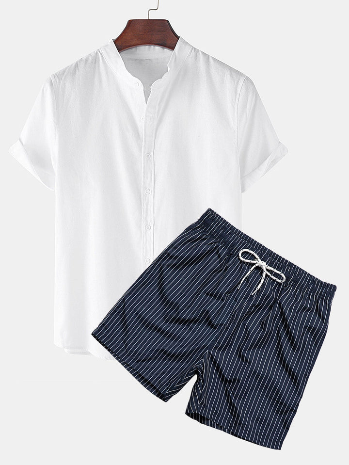 Hemd im Leinen-Look mit kurzen Ärmeln und gestreifte Shorts zum Schwimmen