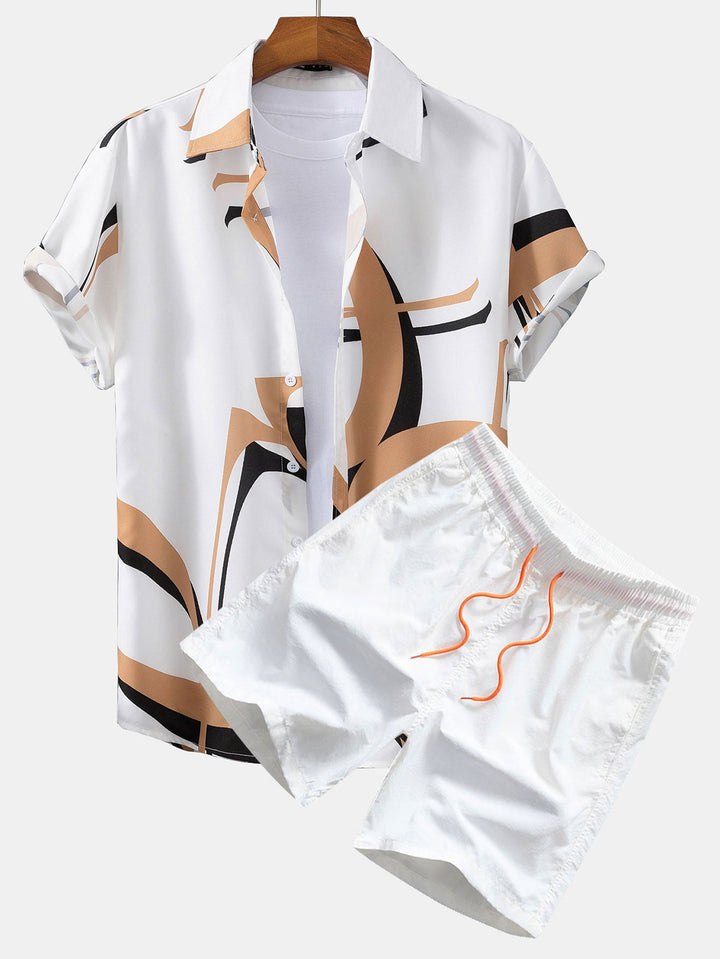 Abstraktes Druck Hemd mit Knöpfen #Zufälliges Musterdesign# & Swim Shorts
