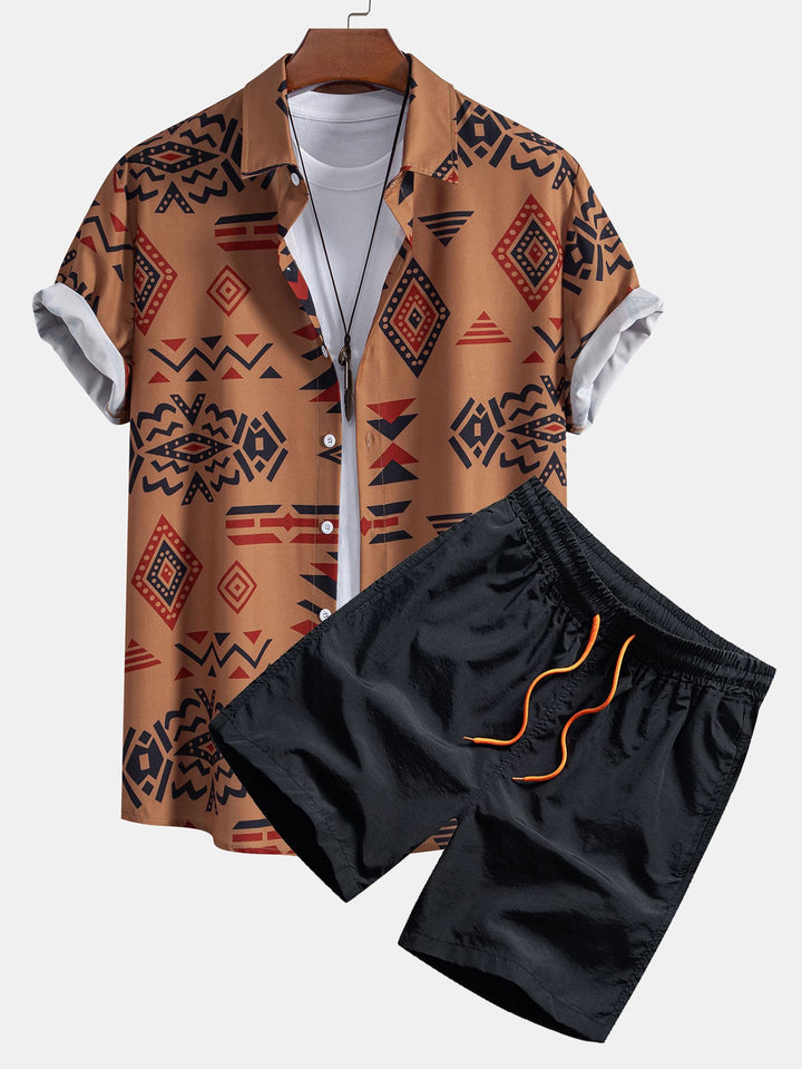 Aztekischer Geometrischer Druck Hemd & Swim Shorts