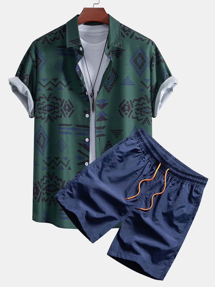 Aztekischer Geometrischer Druck Hemd & Swim Shorts