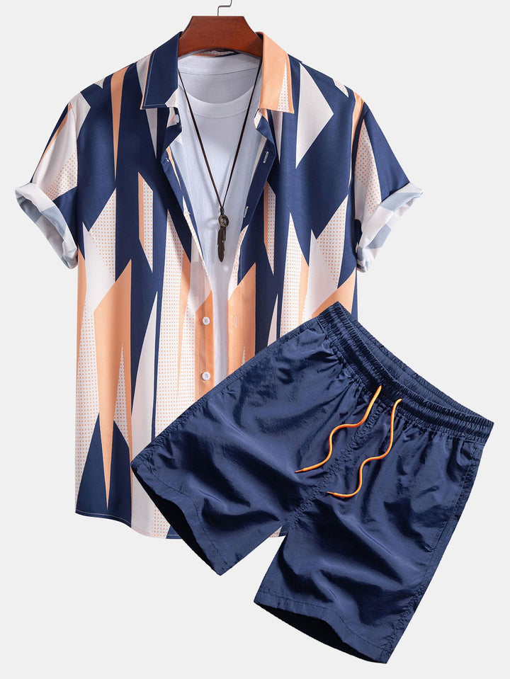 Geometrie Print Hemd mit Knöpfen & Badeshorts