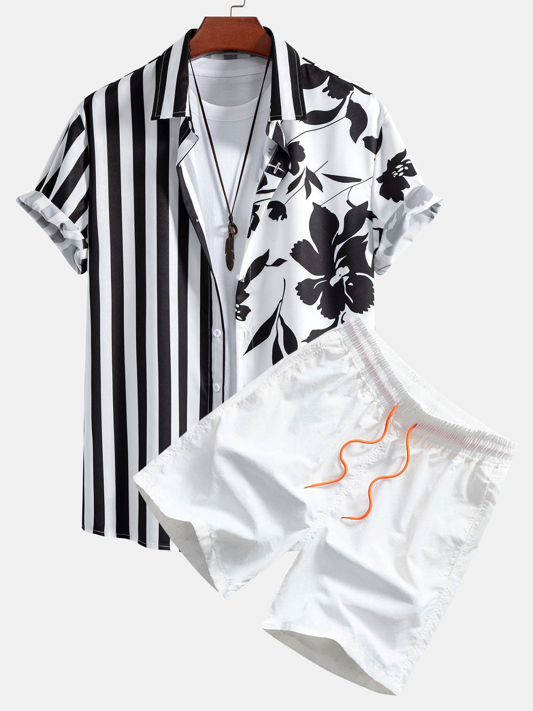 Blumen Streifen Patchwork Print Knopfleisten Hemd & Badeshorts