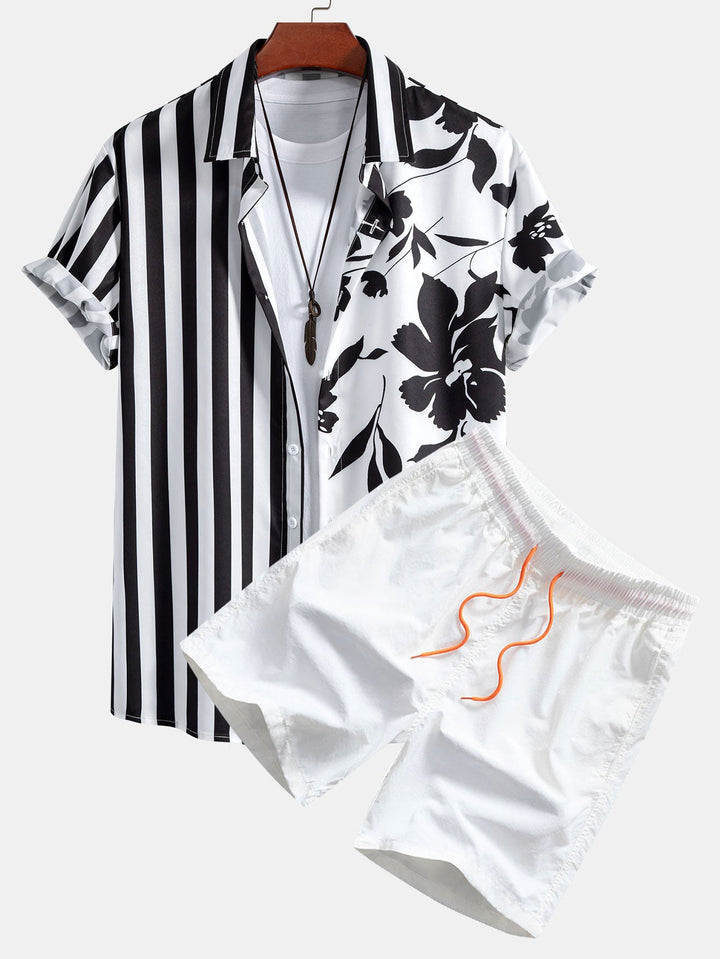 Blumen Streifen Patchwork Print Knopfleisten Hemd & Badeshorts