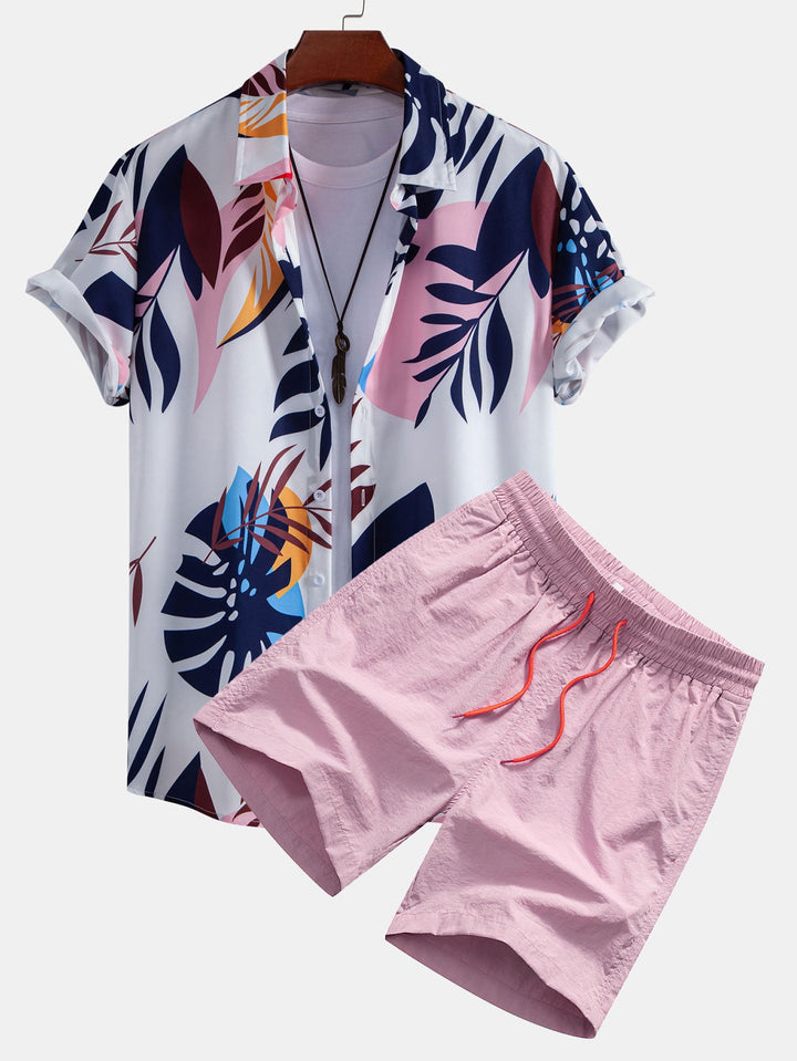 Leaf Farbe Block Print Button Up Shirt & Swim Short
