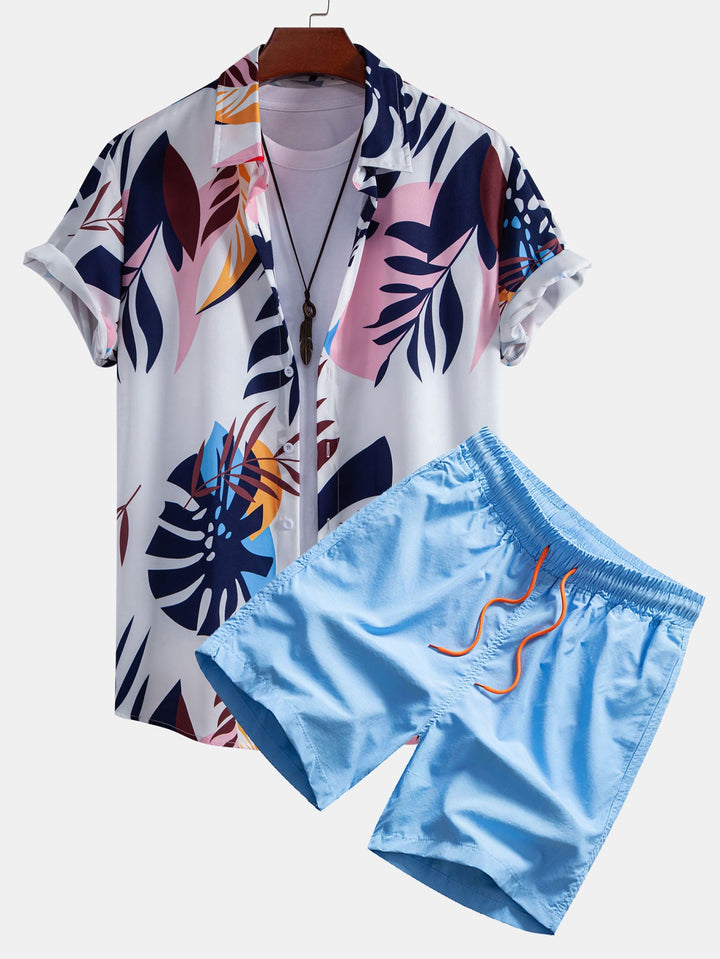 Leaf Farbe Block Print Button Up Shirt & Swim Short