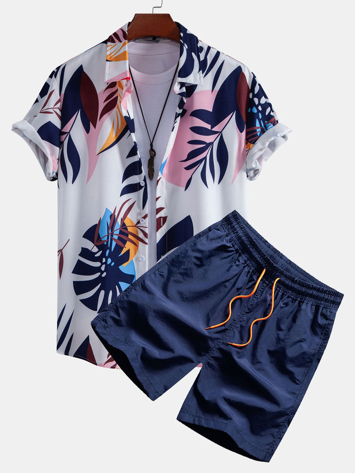 Leaf Farbe Block Print Button Up Shirt & Swim Short