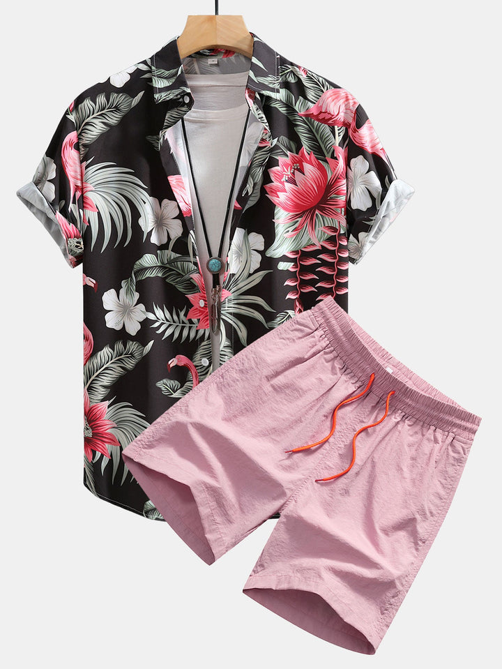 Flamingo-Blumenmuster Hemd mit Knopfleiste und Shorts zum Schwimmen
