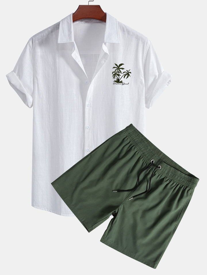 Hawaii Palmen Print Leinenoptik Baumwolle Button-Up Hemd & Shorts