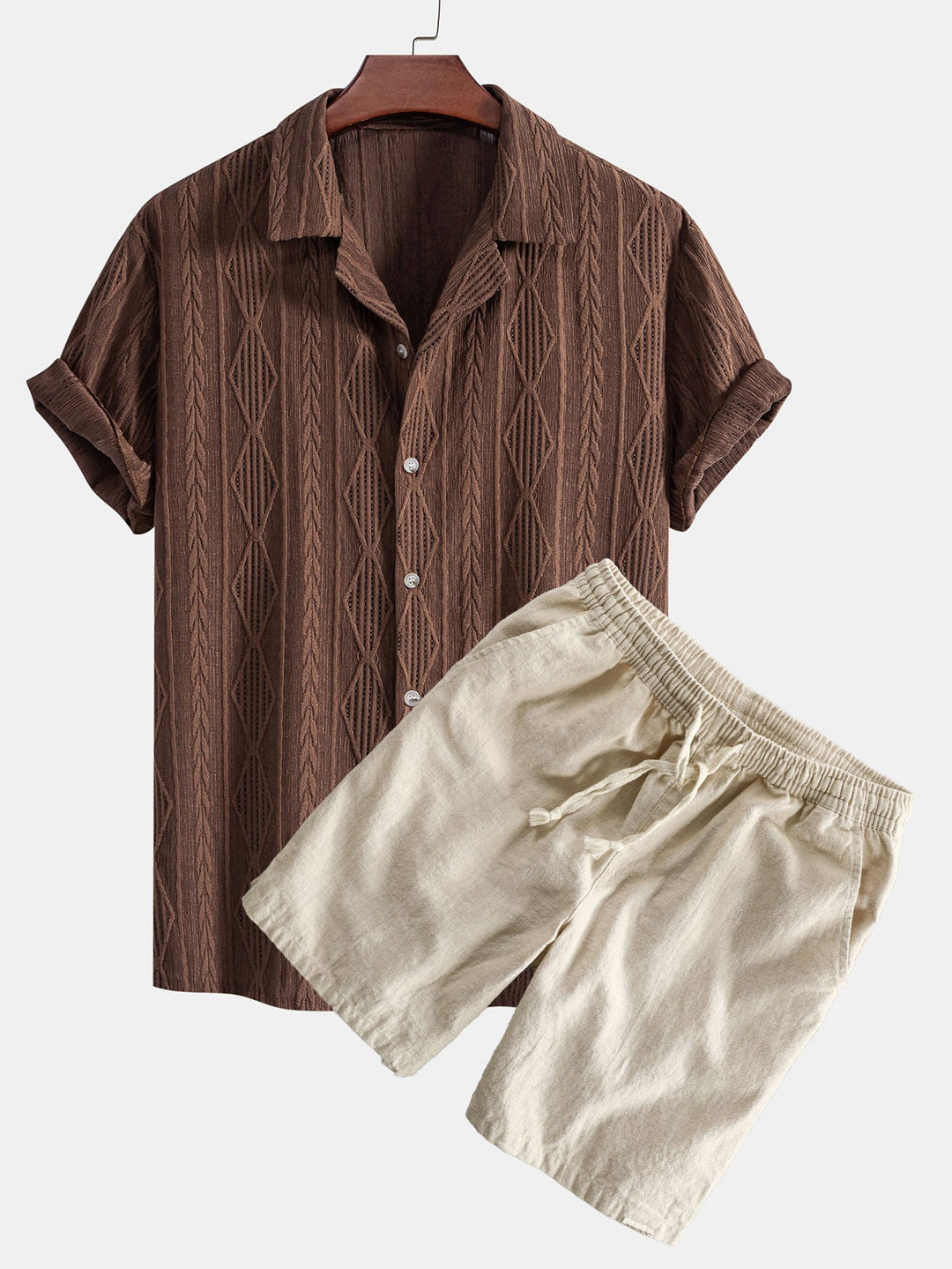 Geometrisches Jacquard Eyelet Cuban Hemd & Shorts aus Leinen-Baumwoll-Mischung