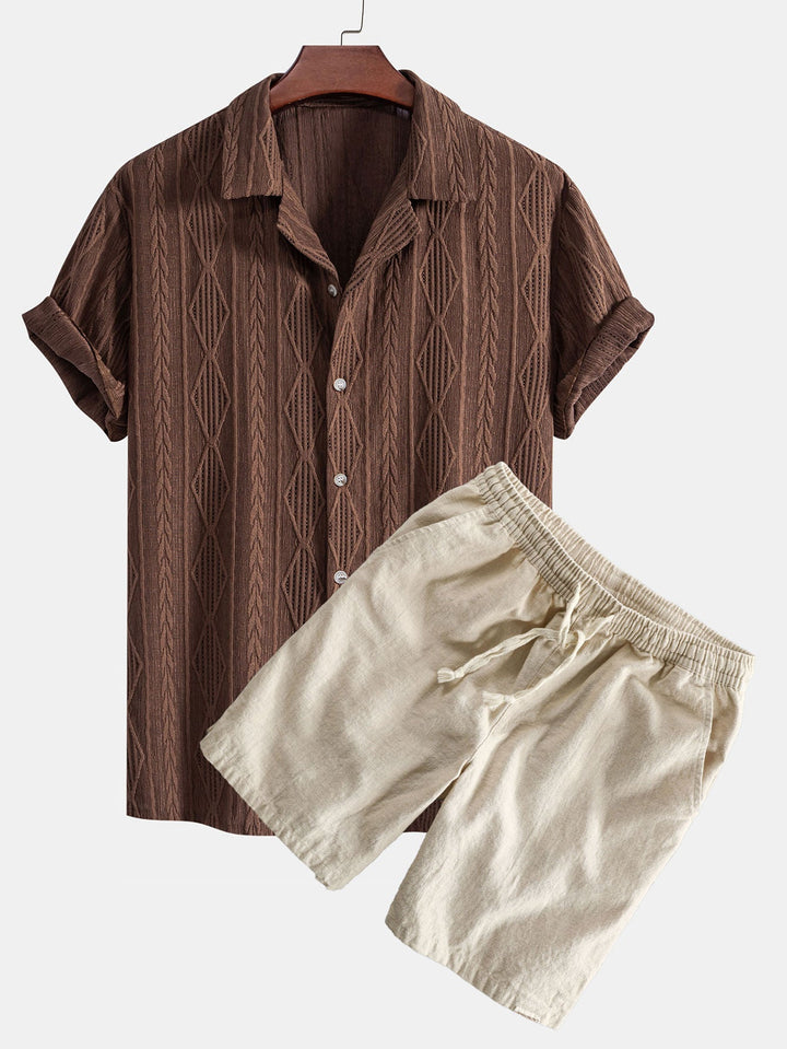 Geometrisches Jacquard Eyelet Cuban Hemd & Shorts aus Leinen-Baumwoll-Mischung