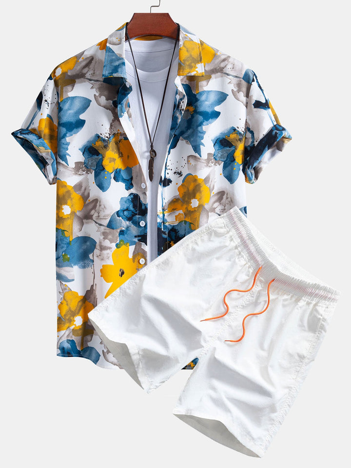Tintenblaues Blumenmuster Hemd mit Knöpfen & Badeshorts
