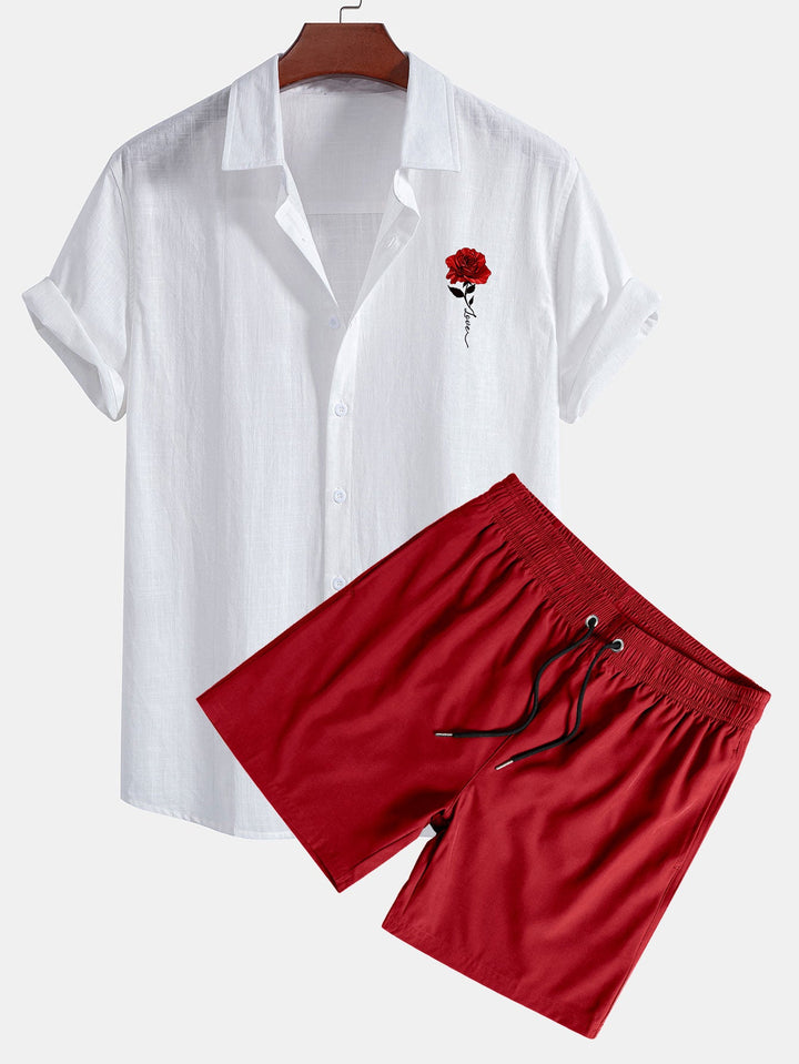 Leinenoptik Baumwollhemd mit rotem Rosen-Print und Knopfleiste & Swim Shorts
