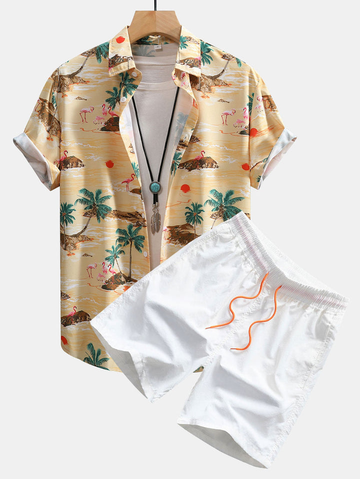 Flamingo-Lebensraum-Muster Hemd mit Knopfleiste und Shorts zum Schwimmen