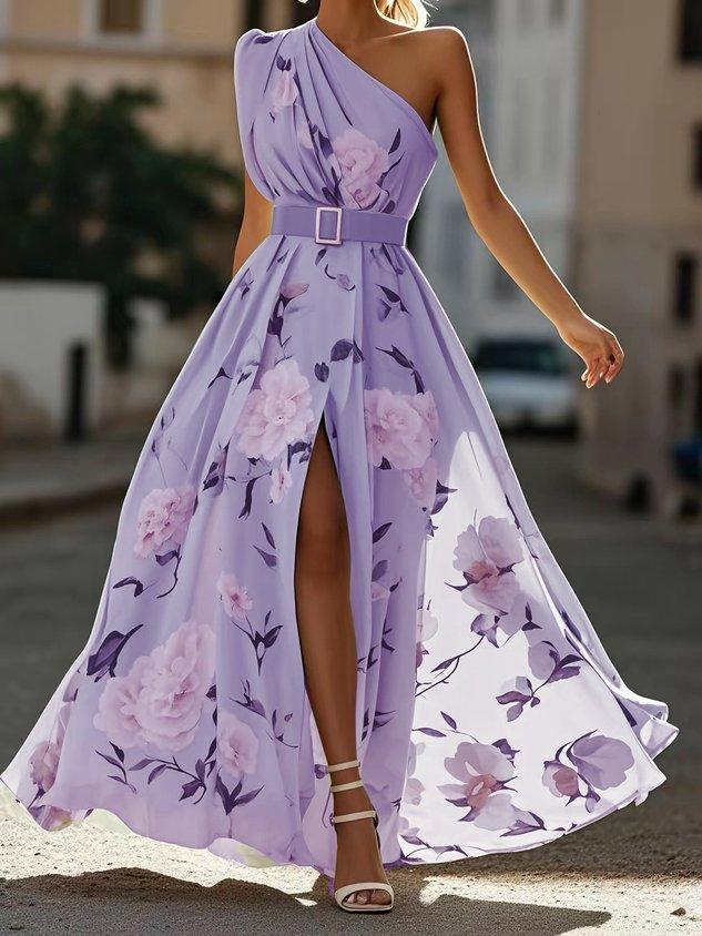 Julie | hellgrünes Blumenmuster-Chiffon-Maxikleid mit Ein-Schulter-Design