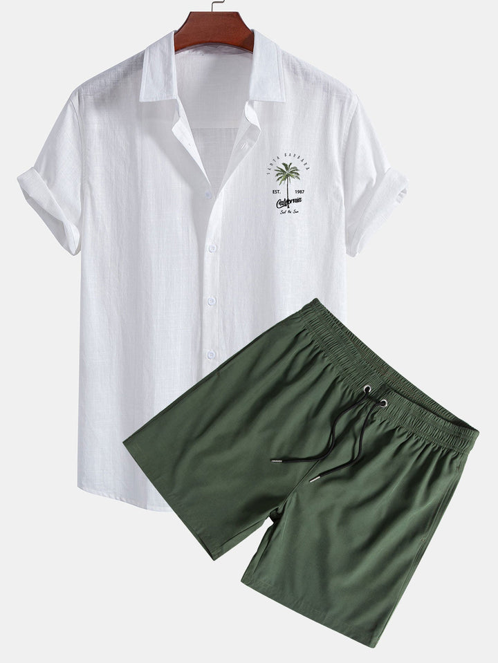 Kalifornien Palmen Print Leinenoptik Baumwolle Button-Up Hemd & Shorts