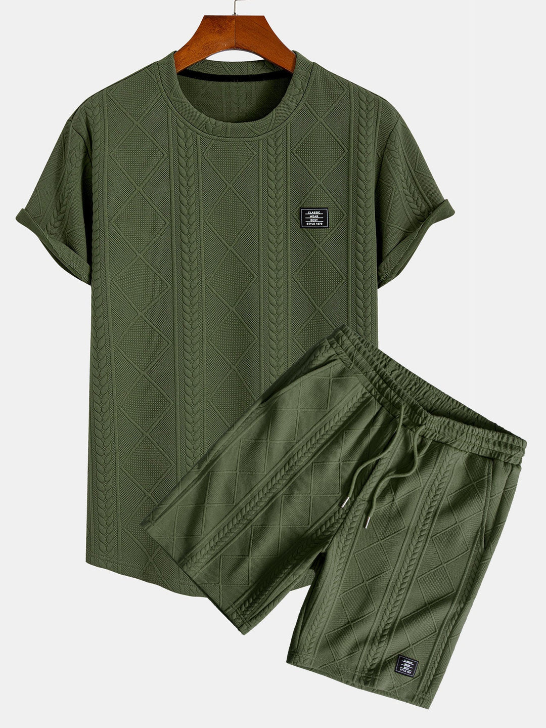 Kurzärmeliges geometrisches Jacquard-T-Shirt mit abgerundetem Saum & Shorts