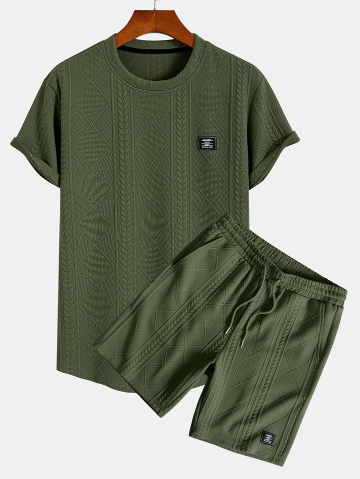 Kurzärmeliges geometrisches Jacquard-T-Shirt mit abgerundetem Saum & Shorts