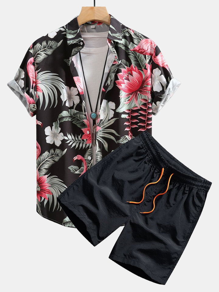 Flamingo-Blumenmuster Hemd mit Knopfleiste und Shorts zum Schwimmen