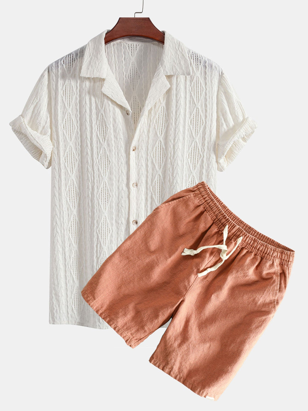 Geometrisches Jacquard Eyelet Cuban Hemd & Shorts aus Leinen-Baumwoll-Mischung