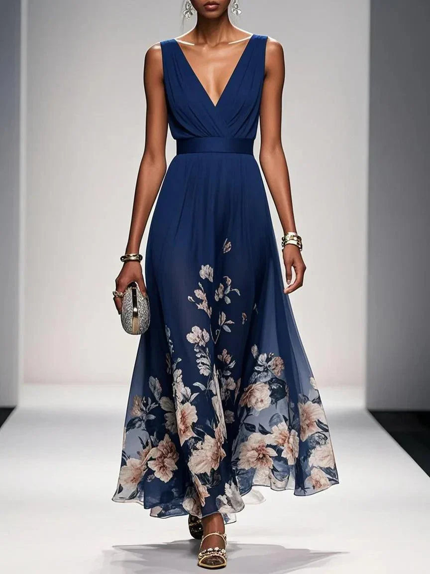 Rose | Hellblaues Blumenmuster-Chiffon-V-Ausschnitt-Maxikleid