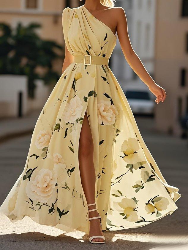 Julie | hellgrünes Blumenmuster-Chiffon-Maxikleid mit Ein-Schulter-Design