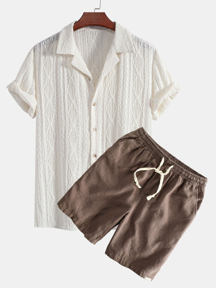 Geometrisches Jacquard Eyelet Cuban Hemd & Shorts aus Leinen-Baumwoll-Mischung