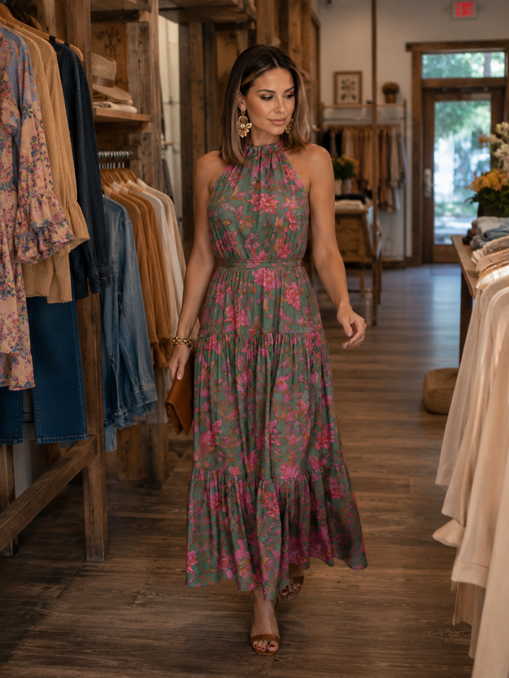 Elara | Drapiertes Halter-Midi-Kleid