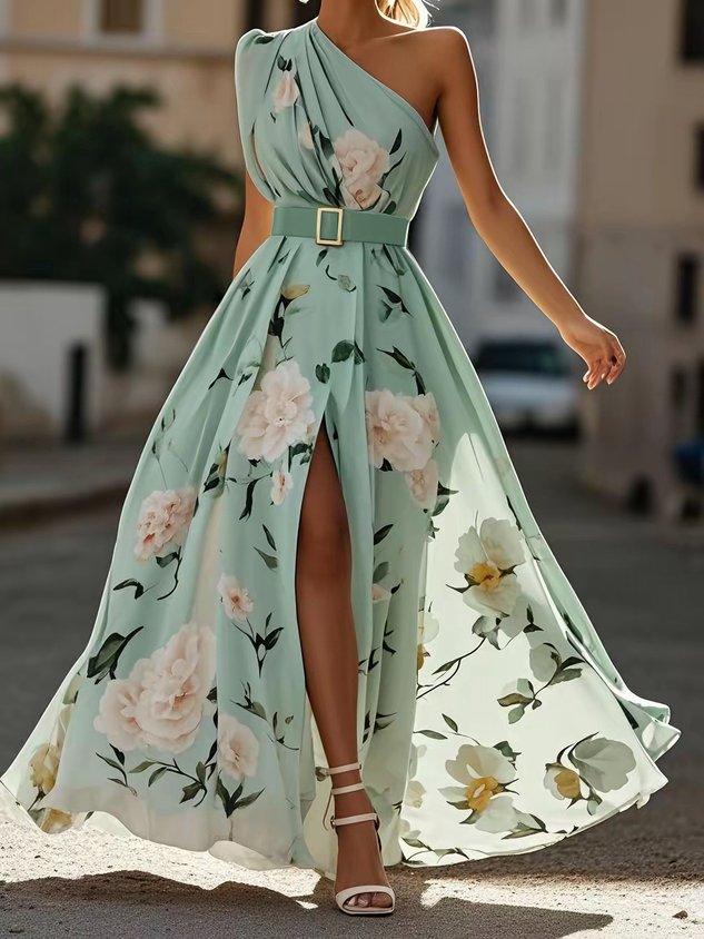 Julie | hellgrünes Blumenmuster-Chiffon-Maxikleid mit Ein-Schulter-Design