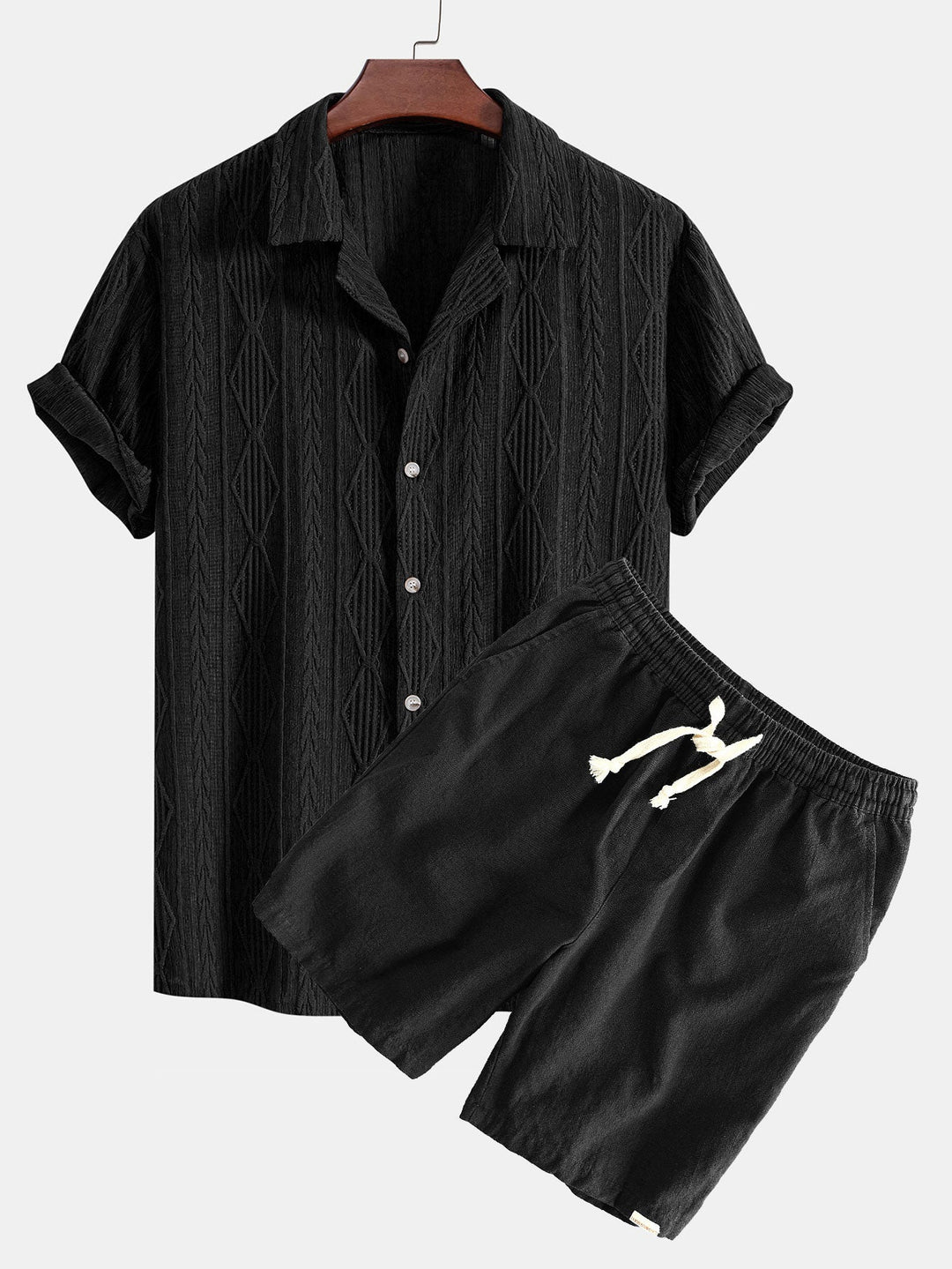 Geometrisches Jacquard Eyelet Cuban Hemd & Shorts aus Leinen-Baumwoll-Mischung