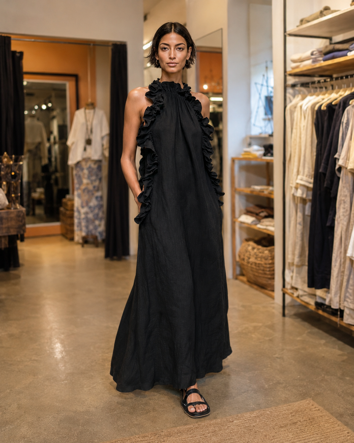 Helene | Ärmelloses Leinen-Maxikleid mit Rüschen