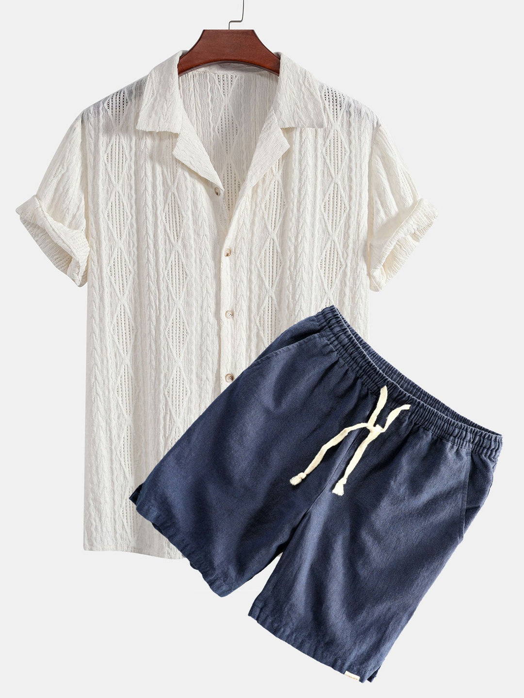 Geometrisches Jacquard Eyelet Cuban Hemd & Shorts aus Leinen-Baumwoll-Mischung