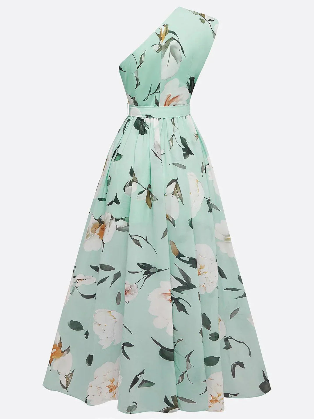 Julie | hellgrünes Blumenmuster-Chiffon-Maxikleid mit Ein-Schulter-Design