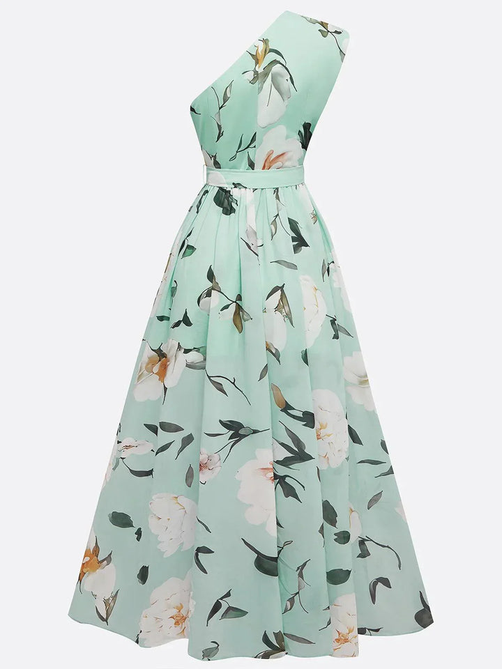 Julie | hellgrünes Blumenmuster-Chiffon-Maxikleid mit Ein-Schulter-Design