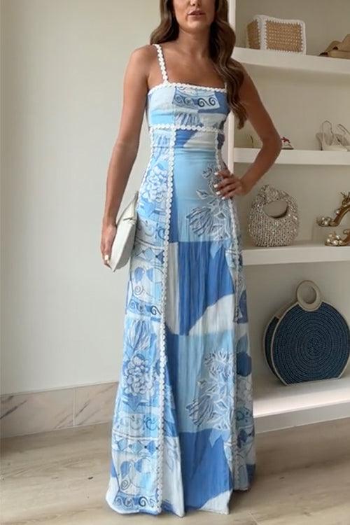 Eleonore | Zickzackband-Träger mit Schleife am Rücken bedrucktes Maxikleid