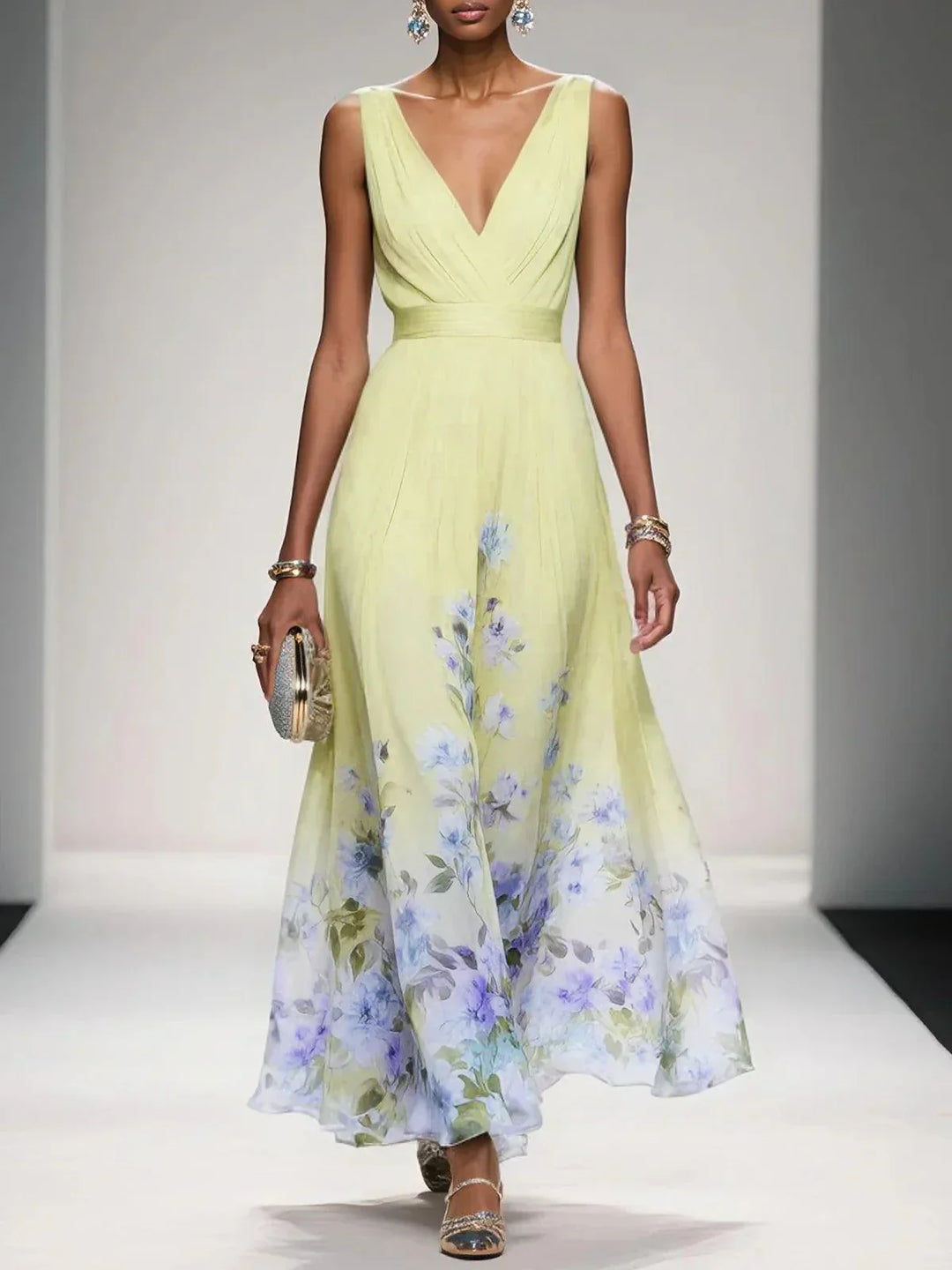 Rose | Hellblaues Blumenmuster-Chiffon-V-Ausschnitt-Maxikleid