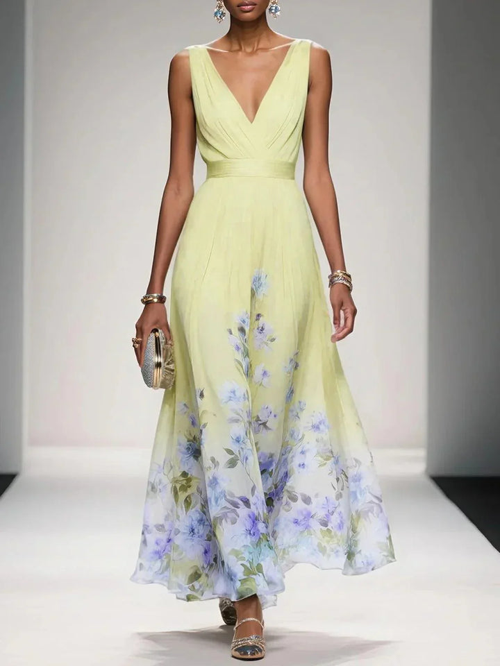 Rose | Hellblaues Blumenmuster-Chiffon-V-Ausschnitt-Maxikleid