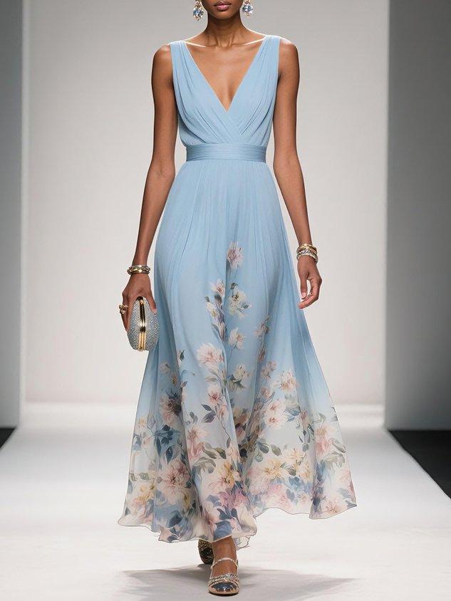 Rose | Hellblaues Blumenmuster-Chiffon-V-Ausschnitt-Maxikleid