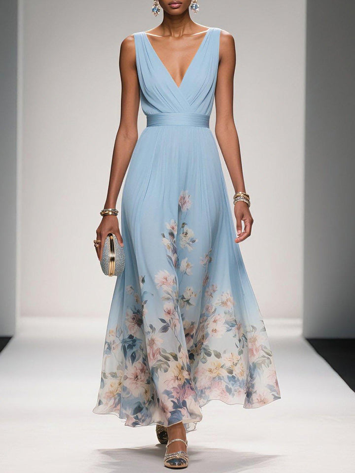 Rose | Hellblaues Blumenmuster-Chiffon-V-Ausschnitt-Maxikleid