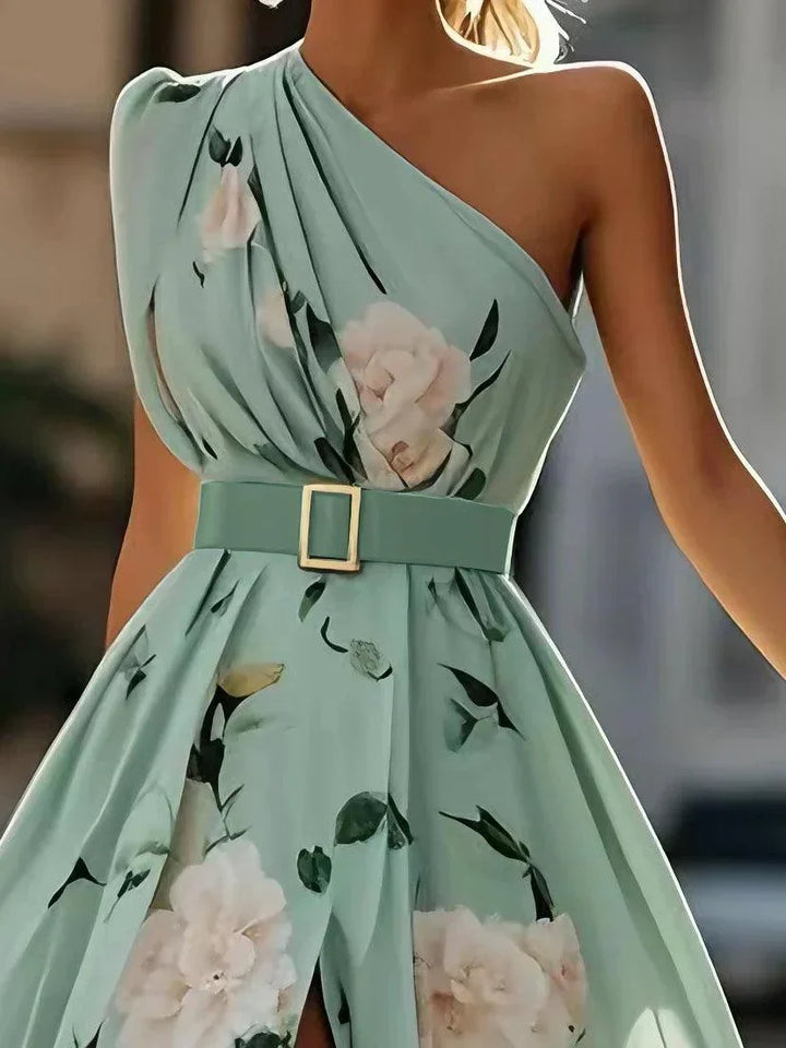 Julie | hellgrünes Blumenmuster-Chiffon-Maxikleid mit Ein-Schulter-Design