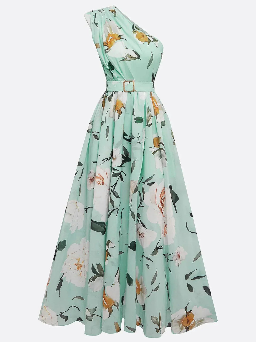 Julie | hellgrünes Blumenmuster-Chiffon-Maxikleid mit Ein-Schulter-Design