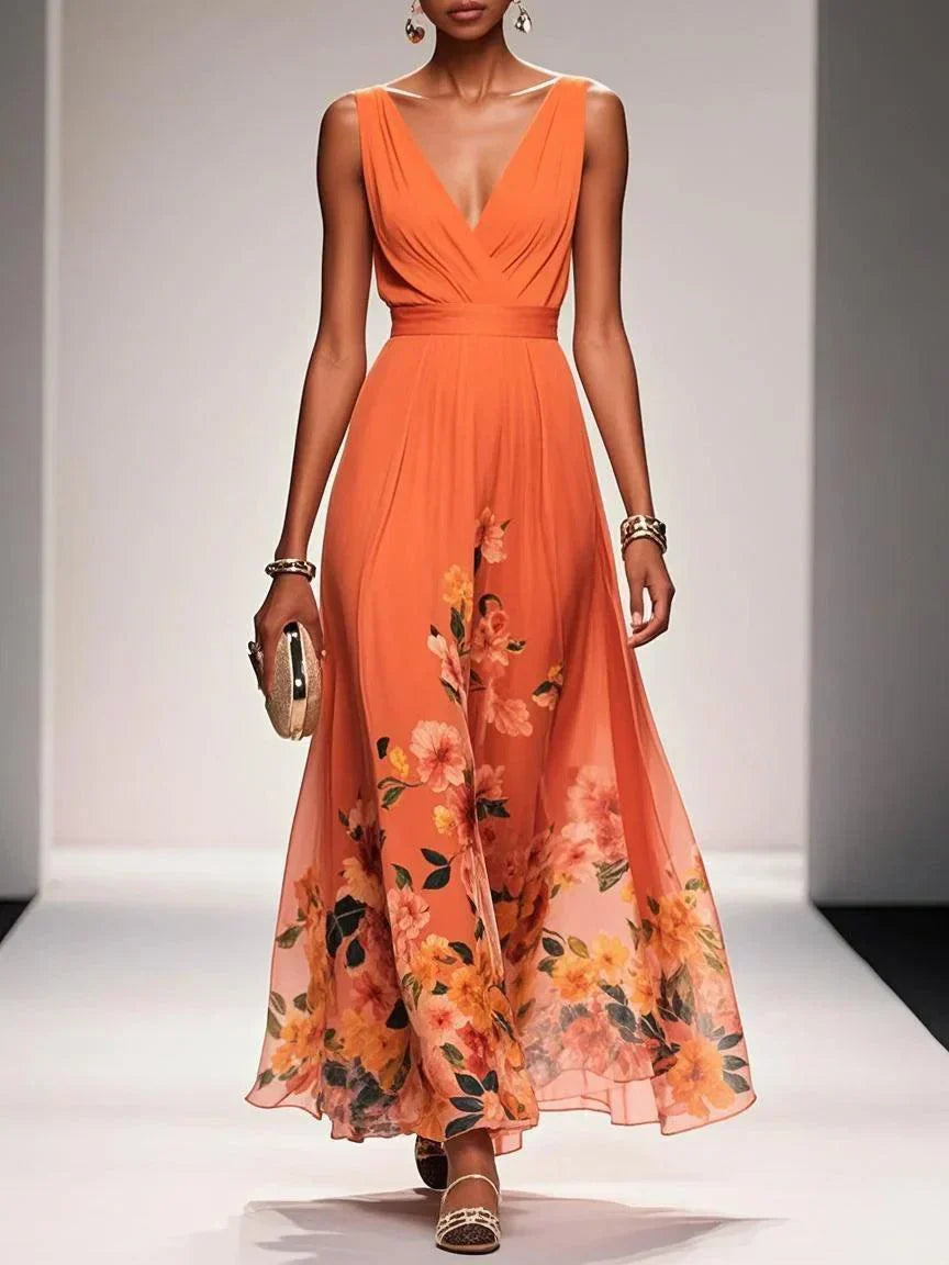 Rose | Hellblaues Blumenmuster-Chiffon-V-Ausschnitt-Maxikleid